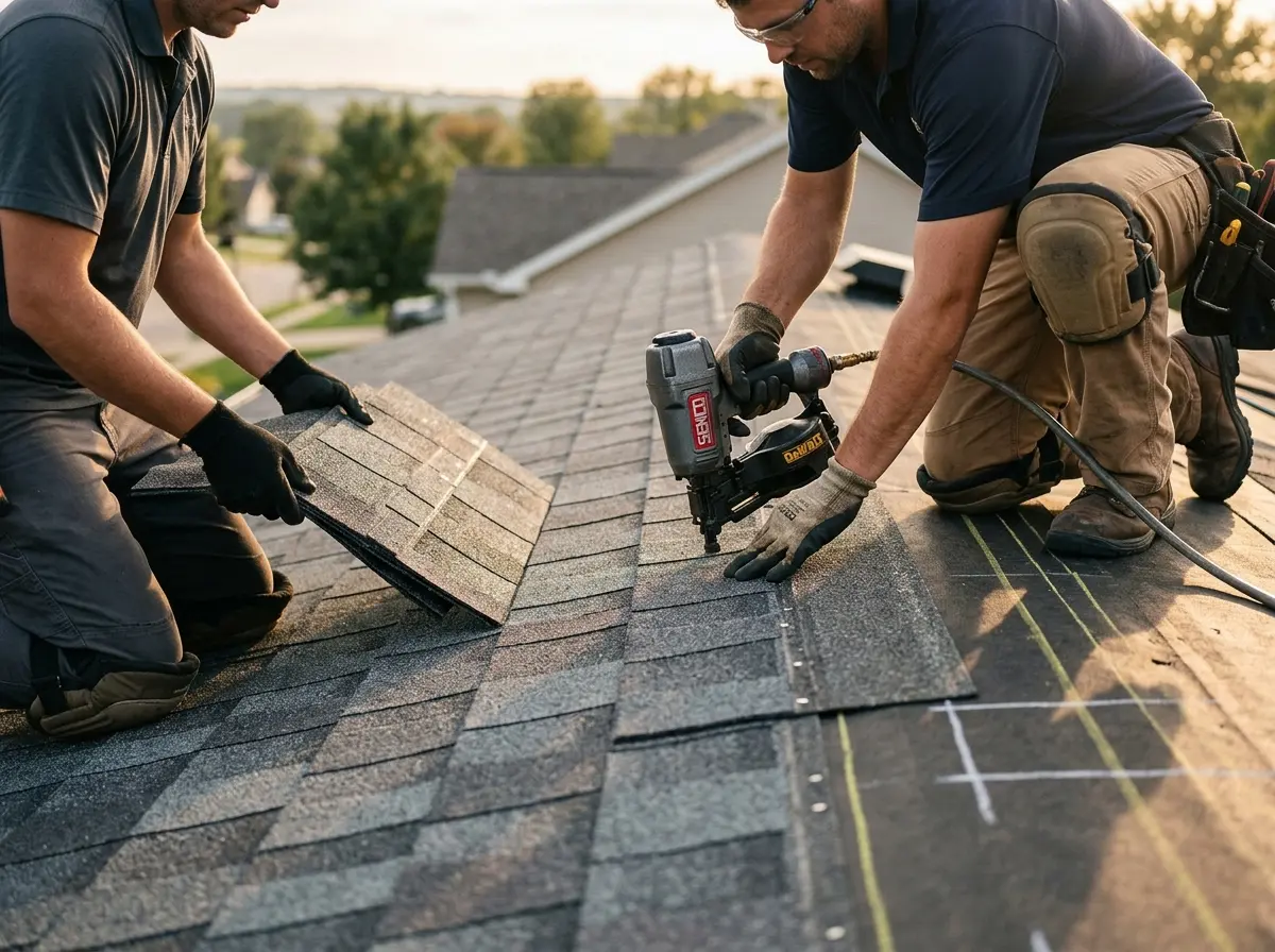 Professional roofer working on a residential roof in Ironton